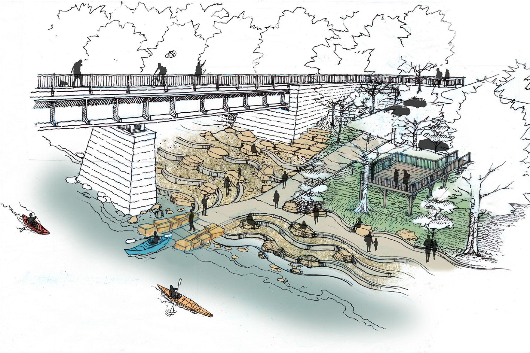 Potential riverfront access envisioned by the Indianapolis Art Center and SWT Design